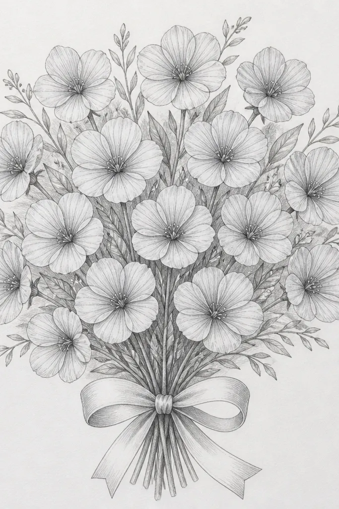 A bouquet drawing on white sketch paper: thin graphite outlines of 15 blue flowers, visible petal veins with light shading, soft gray-blue shadows under petals, and a clean ribbon loop at the bottom. No color is added beyond graphite tones.