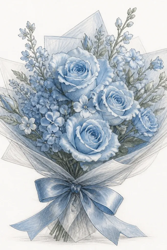 A bouquet drawing with visible pencil mapping under the color: crisp petal outlines in graphite, translucent light-blue fills, and darker gray-blue shadows. Highlights are clean and bright, and the ribbon has defined folds.