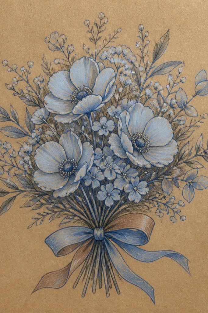 A bouquet drawing on tan kraft paper: light sky-blue petals, warmer brownish-gray shadow areas, and a darker blue outline. The ribbon is colored with muted blue and brown tones.