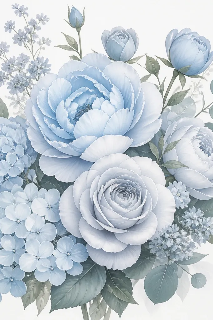 A bouquet drawing where petals are filled with very light sky-blue and pale gray-blue, with smooth blending in each flower center. Shadows are gentle, and highlights are small white strokes on petal tops.