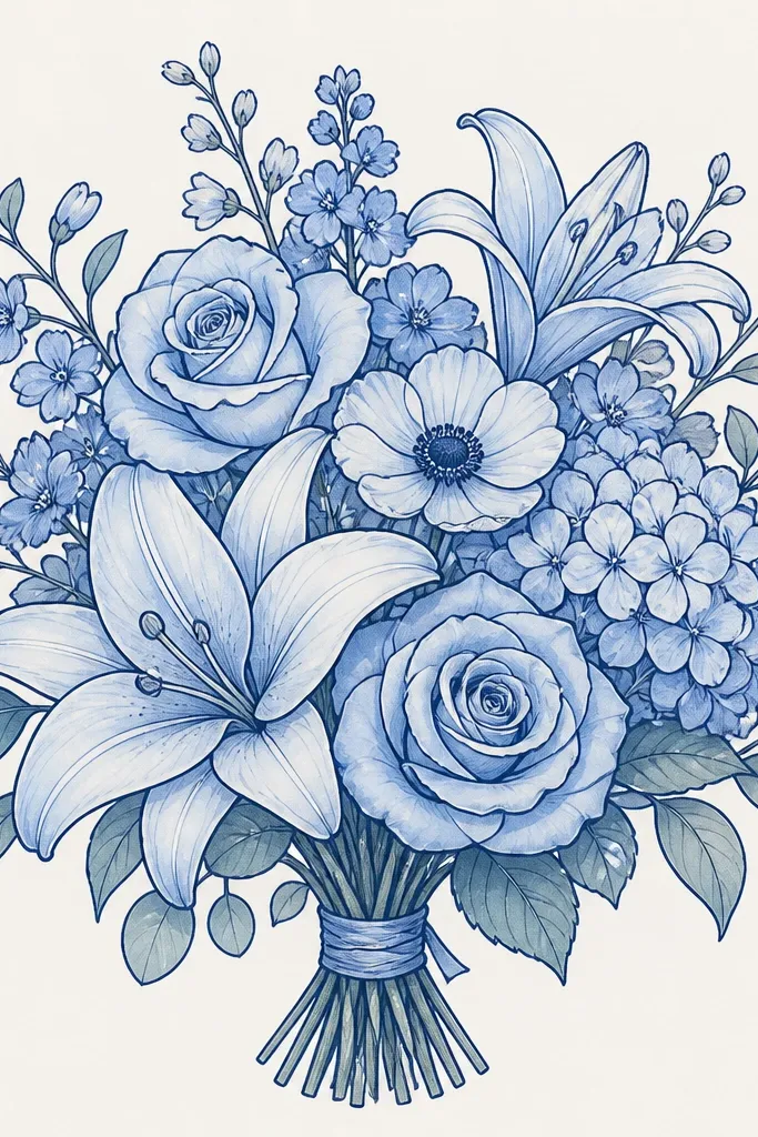 A bouquet drawing with bold dark blue outlines around each flower and lighter blue fills inside. Petal veins are lightly indicated, and shadows sit under overlapping petals with a cool gray tone.