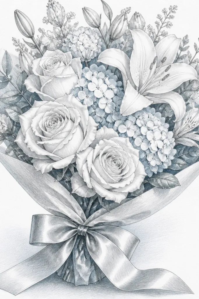 A pencil drawing of a bouquet with gray-blue shadows: petal edges are crisp graphite lines, shadows are slightly cooler gray tones, and the ribbon has two-toned shading with a bright highlight ridge.
