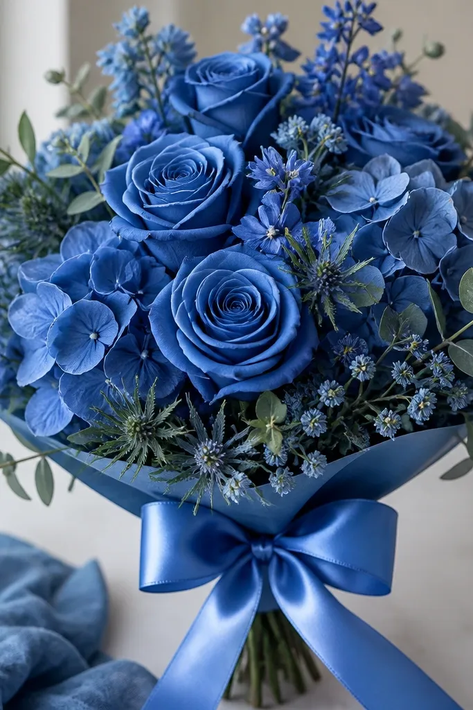 A detailed blue bouquet where each petal has a crisp highlight line near the top edge. The ribbon is shaded with clear crease shadows and a bright specular highlight.