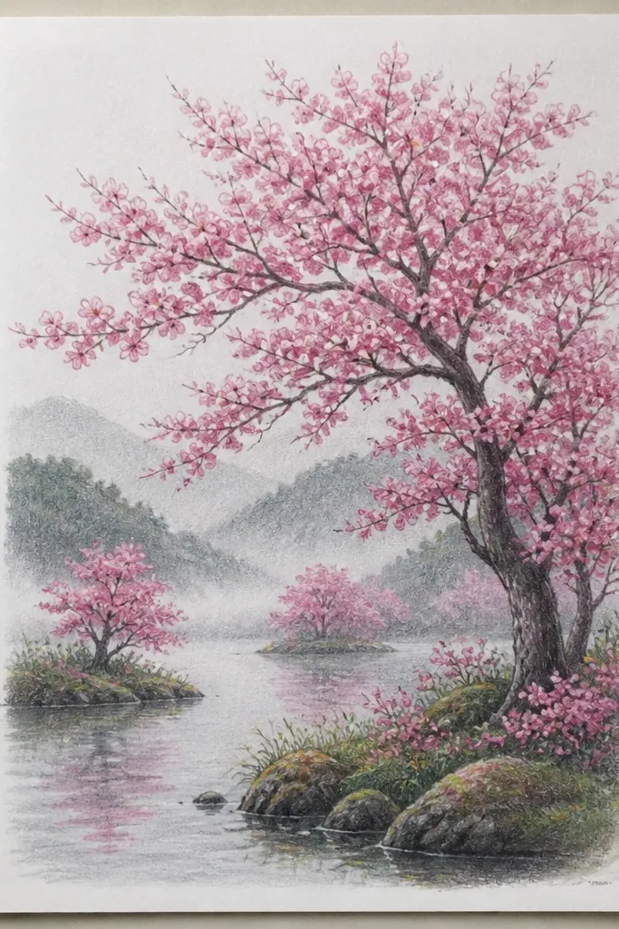A lake scene where the water is made of soft, milky gray-blue sponge marks. The sky fades from pale blue to near-white. Cherry blossom clusters appear as rounded pink blobs with darker pink edges, and the reflections are faint vertical smudges beneath each cluster.