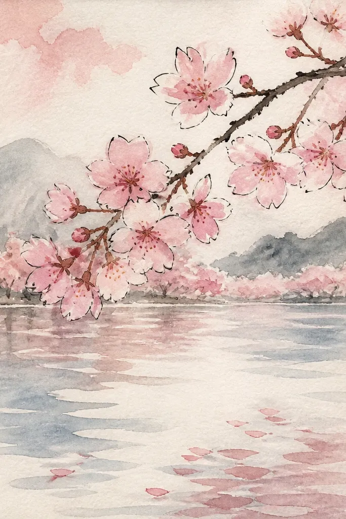A clean, airy lake drawing with pale sky wash and a smooth water gradient. Fine curved ripples are visible as slightly darker lines, and cherry blossoms appear as soft pink circles scattered along the far shore with matching faint reflections.