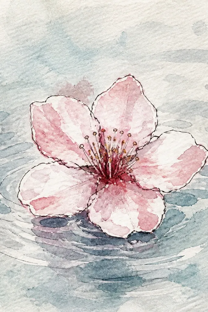 A watercolor wash lake in light blue-gray with a pale pink blossom line across the shore. The water has crisp, thin gel pen ripple lines that curve toward the horizon, and bright white highlight strokes cut through the darker ripples.