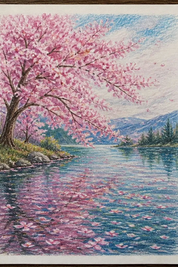 Soft, cloud-like cherry blossoms floating over a lake. The petals are created with cotton swab dabs in light pink and a deeper rosy center, with faint swabbed reflections below. The lake has a simple horizontal gradient from pale to slightly darker blue.