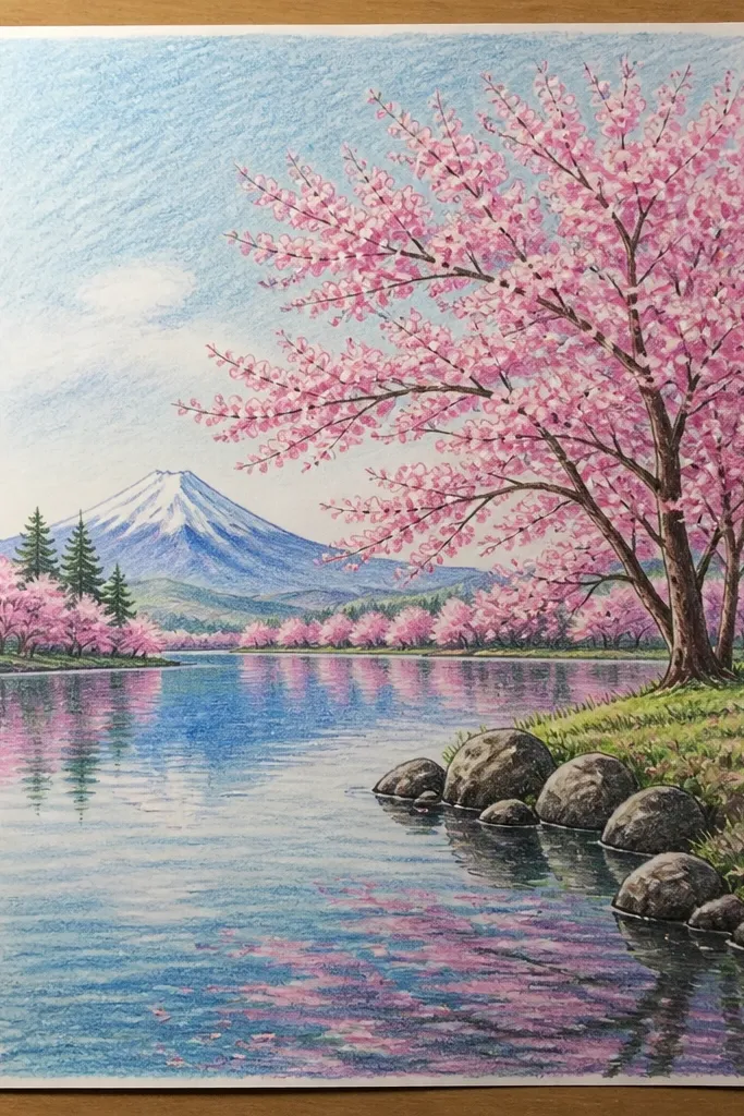 A watercolor lake background with a few cut-out pink blossom shapes layered on top. The blossoms cast subtle shadows, and the reflections are drawn with pencil lines and softened with a wet brush. The scene has a crisp shoreline edge.
