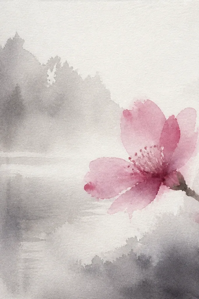 A mostly gray-blue lake and sky scene with cherry blossoms drawn as a few soft pink clumps only in one area. The ripples are drawn in pencil and blended. Everything else stays cool-toned, and a bright white highlight pen catches on the water.