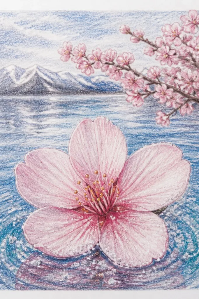 A lake with watercolor wash where tiny salt crystals resist the paint, creating speckled sparkle. Cherry blossoms appear as soft pink patches along the shore, and their reflections are lightly speckled too. The water ripples show as lighter curved bands.