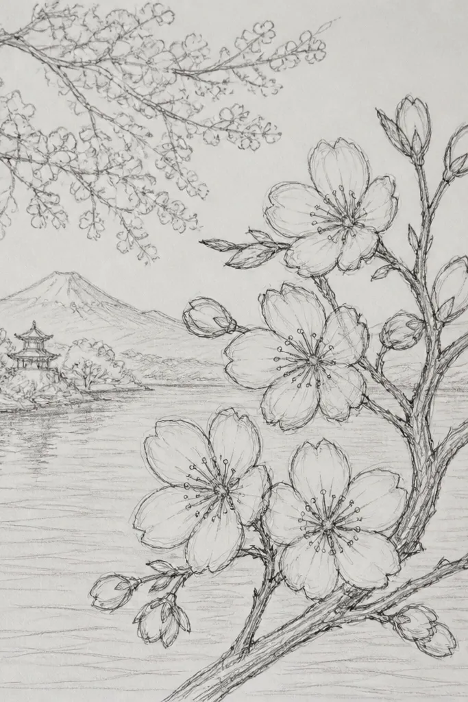 A line-drawing lake with a few bold pencil contours. The blossoms are sketched as clumps with simple shapes. After that, watercolor or colored pencil adds pink and blue washes. The ripples are drawn as light arcs that stay visible under the color.