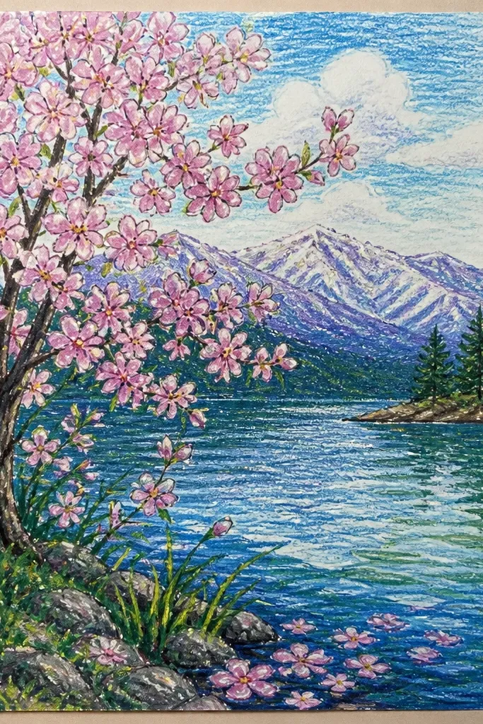 A lake watercolor scene where bright white-ish crayon lines resist the paint, creating thin highlight streaks across the water. Blossoms are pink watercolor clumps, and their reflections include the same resisted highlight streaks. The sky is pale and clean.