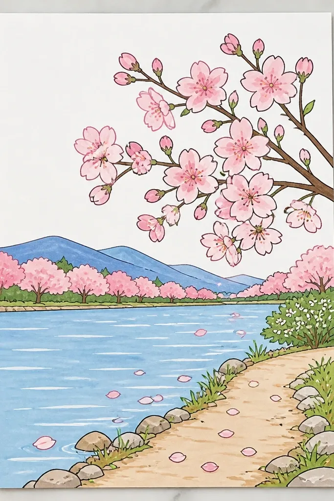 A lake scene with a sharply clean horizon line created by masking tape. The sky wash is pale blue, the water wash is gray-blue, and blossom clumps sit perfectly above the shore line. Reflections are soft and aligned under each blossom cluster.