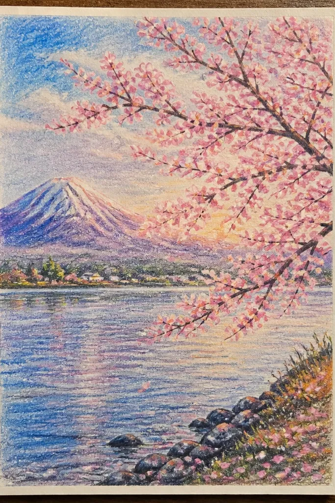 A pastel crayon lake where the sky and water are blended with soft strokes. Cherry blossoms appear as dry-brush pink and peach marks along the shore. The water has gentle ripple textures created by dry brushing lighter and darker strokes.
