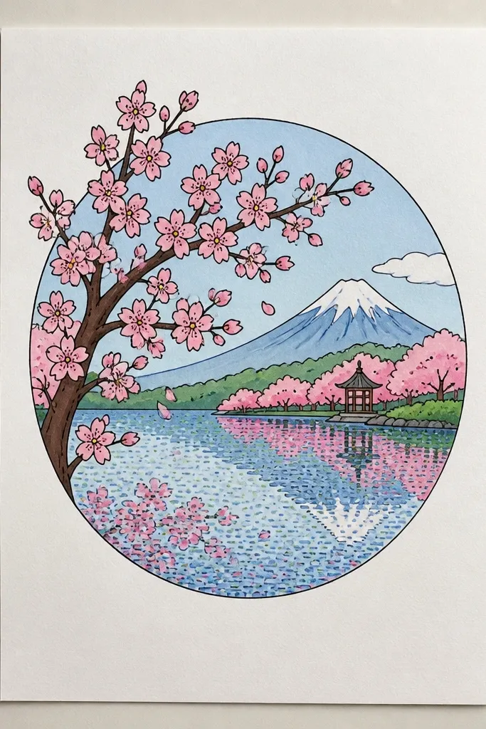 A lake with smooth watercolor wash. The blossoms are medium-sized pink clumps. Under each blossom, the reflection is made of tiny dots arranged vertically, like a shimmer. The water ripples are minimal, keeping focus on the dotted reflection.