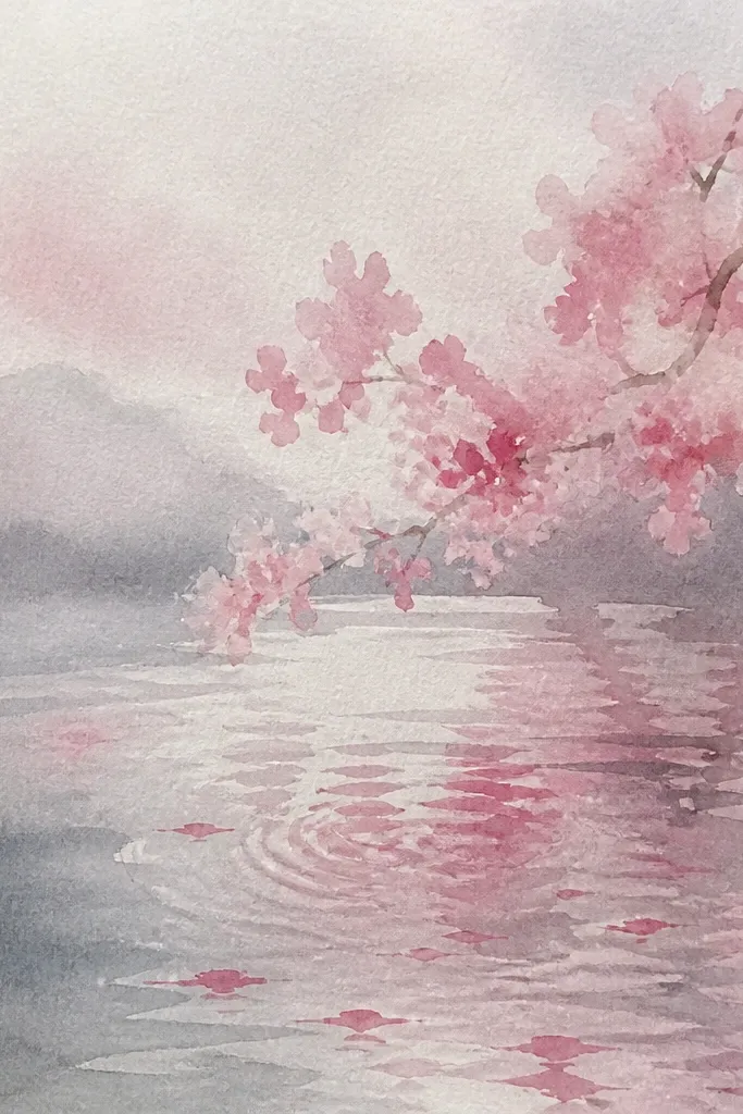 A lake with thick, textured paint ripples created by palette knife strokes. The sky is smooth and pale. Cherry blossoms are soft pink with a few darker accents. Reflections are suggested with thinner knife strokes and white highlight marks.