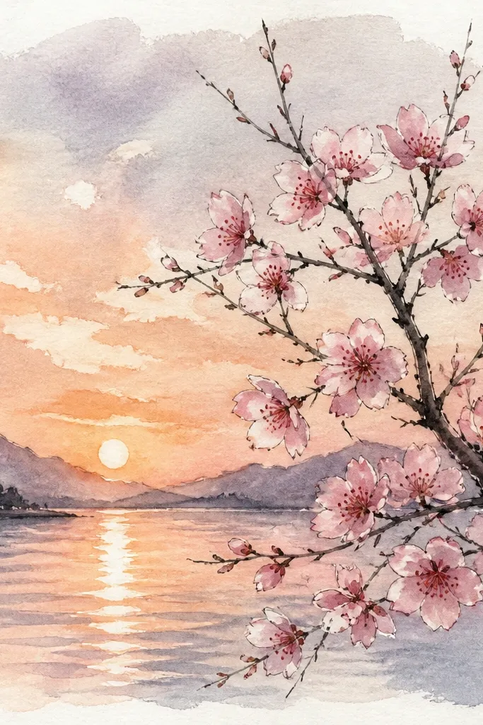 A cherry blossom lake where the sky fades into peachy sunset tones. The lake reflects the warm sky with a soft gradient. Blossoms are pink clumps along the shore with stronger contrast, and reflections are slightly warmer pink in the water.