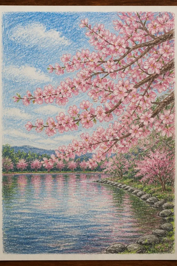 A lake scene where the branches are drawn with white crayon, then watercolor washes create a blooming effect. Cherry blossoms appear as pink blooms around the crayon branch lines, with faint reflections below. The branch silhouette is crisp against the wash.