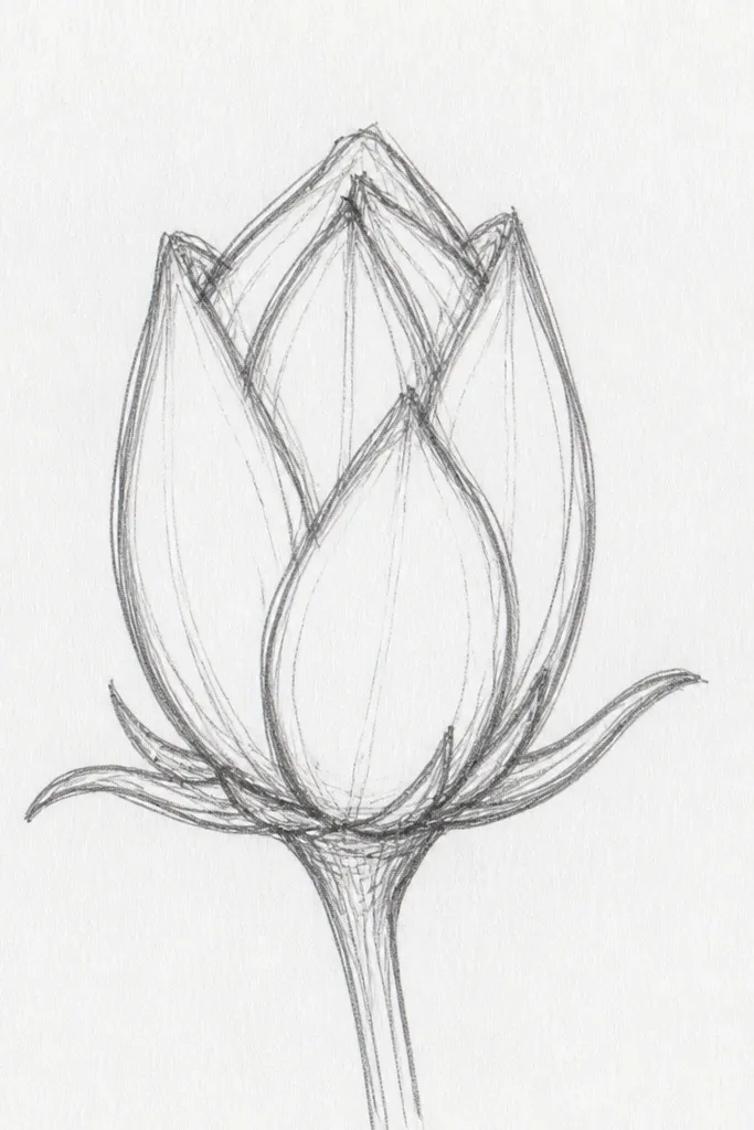 A small closed lotus bud centered on white paper, drawn with six tightly wrapped petals shaped like inward C-curves. The outer tips curl toward the center, and the center is a dark plum oval with a few light highlights.