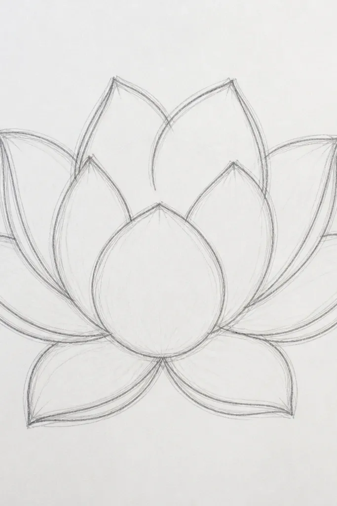 A closed lotus bud with eight petals. The petals form a layered cup shape, and there is a small visible opening at the very top where the inner petals peek through. The center gap is shaded in warm mauve.