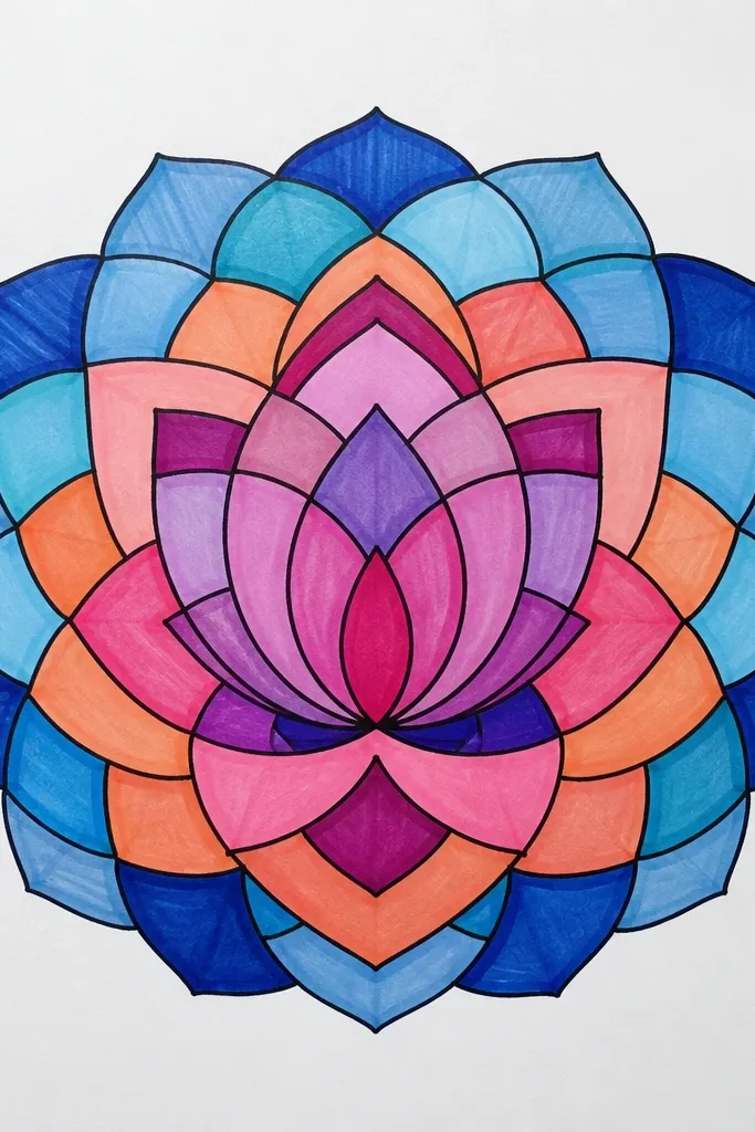 A round mandala-like composition: a closed lotus bud in the middle with 12 petals arranged in a tight circular ring. Each petal has a pointed tip and a gentle inward curl. Thin rays or small dots surround the bud.