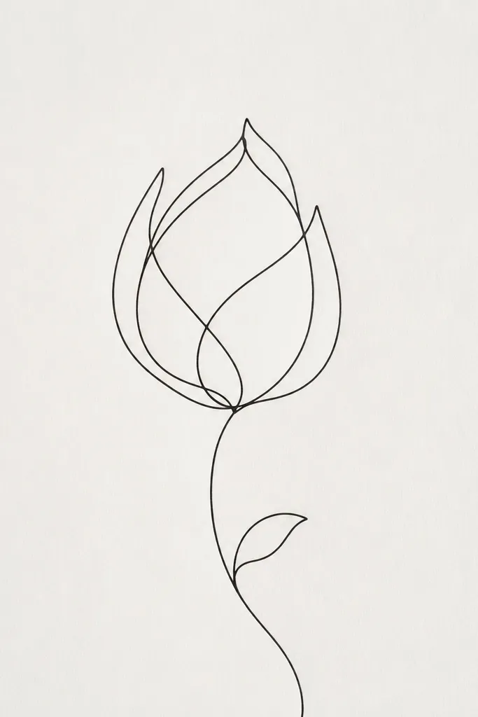 A clean line drawing of a closed lotus bud made with one continuous flowing line. The petals overlap in a spiral, and the center is left mostly white. The stem curves down with a tiny leaf.