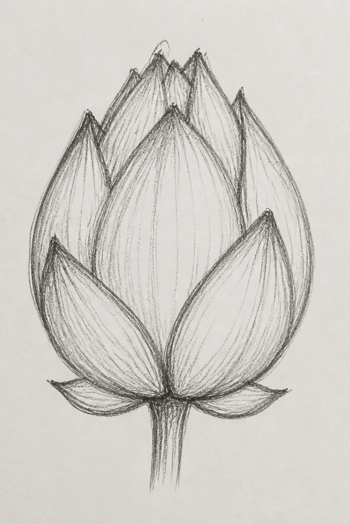 A closed lotus bud with visible petal edge lines. The outer petals are light pink, and the inner folds are shaded with plum marker. The center has a small darker oval and a thin highlight line.