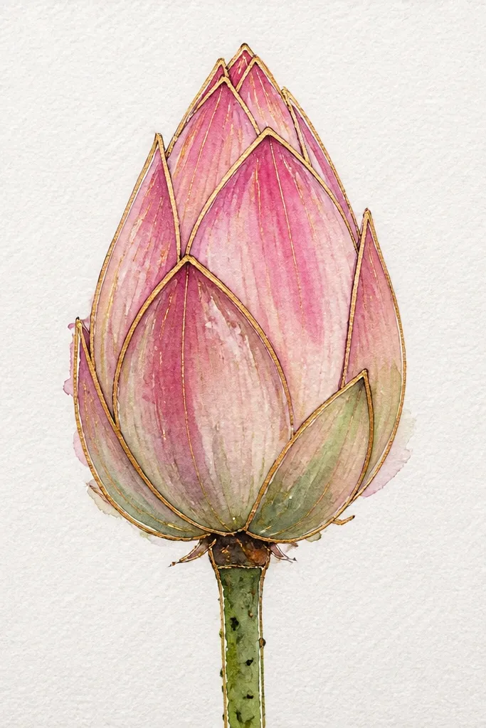 A closed lotus bud outlined in metallic gold ink, with inner petals washed in pale peach and warm pink. The center is a darker plum bloom with a gold highlight curve on one fold.