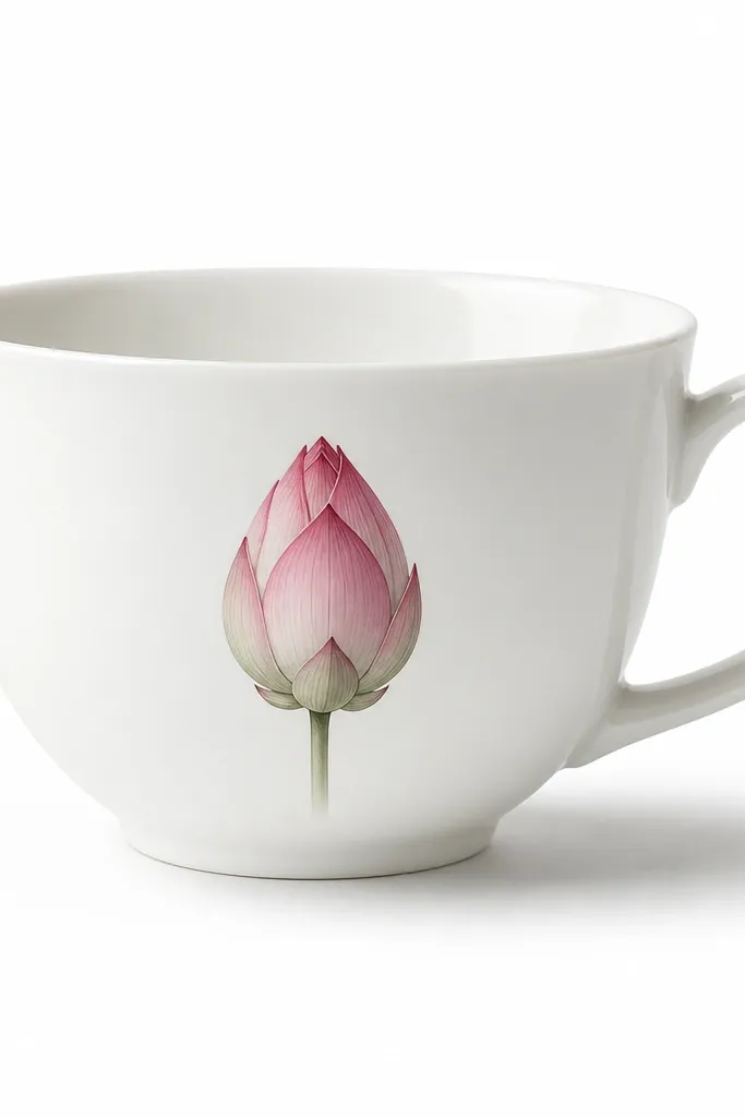 A closed lotus bud drawn in the center of a simple teacup outline. The cup has a curved rim and handle, and the lotus petals are layered inward. The background is plain white with a few light shadow shapes under the cup.