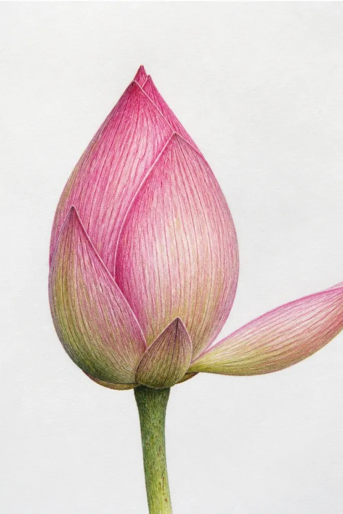 A closed lotus bud with six petals. Each petal shows a single long vein line that curves from near the base to the tip. The center is shaded dark plum, and the petals are pale pink with darker fold edges.