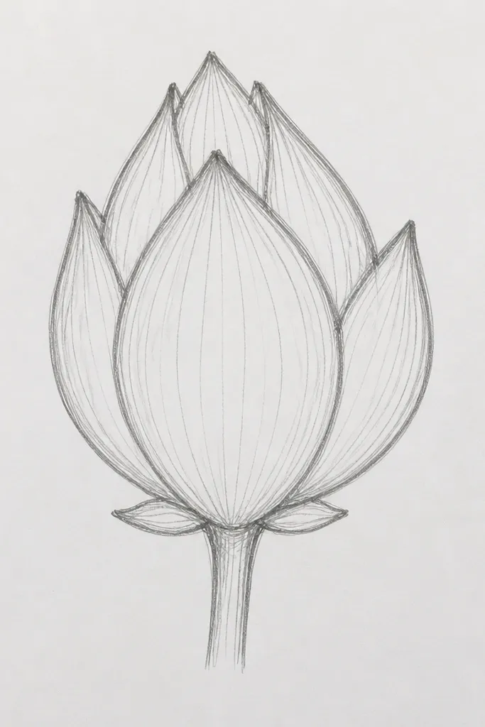 A closed lotus with five clearly visible outer petals and two smaller petals tucked behind. The visible petals are large, the hidden ones show only at the top edges. The center is shaded with a deep plum gradient.