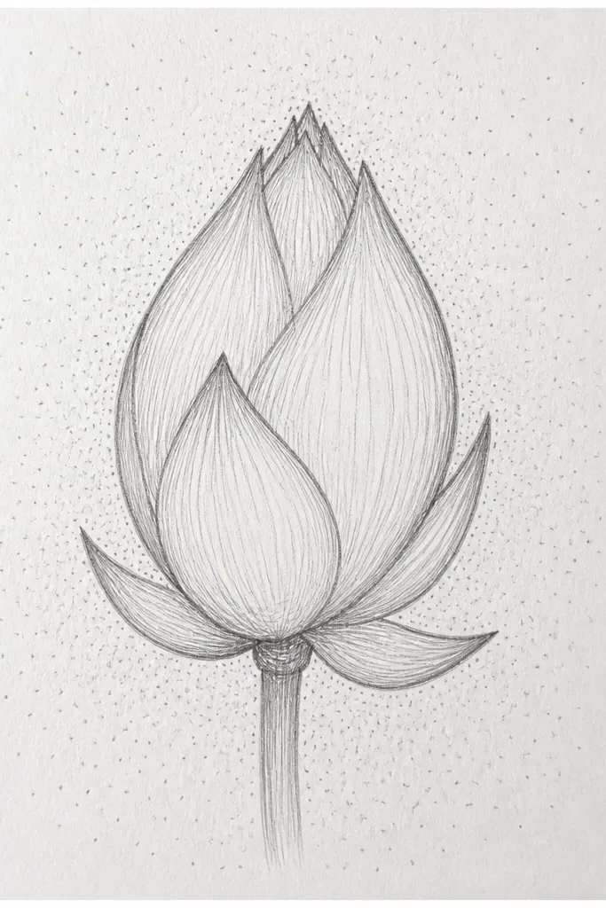 A closed lotus bud drawn in the center with soft pink petals and plum fold shadows. Behind it, the background has a gentle dotted pattern in pale gray, fading slightly outward. No leaves or stem are visible.