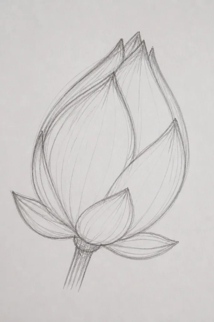 A closed lotus bud drawn from a slight side angle. The front petals are larger and more curved, while the back petals are smaller and partially hidden. The center shows a curved dark opening rather than a perfect oval.