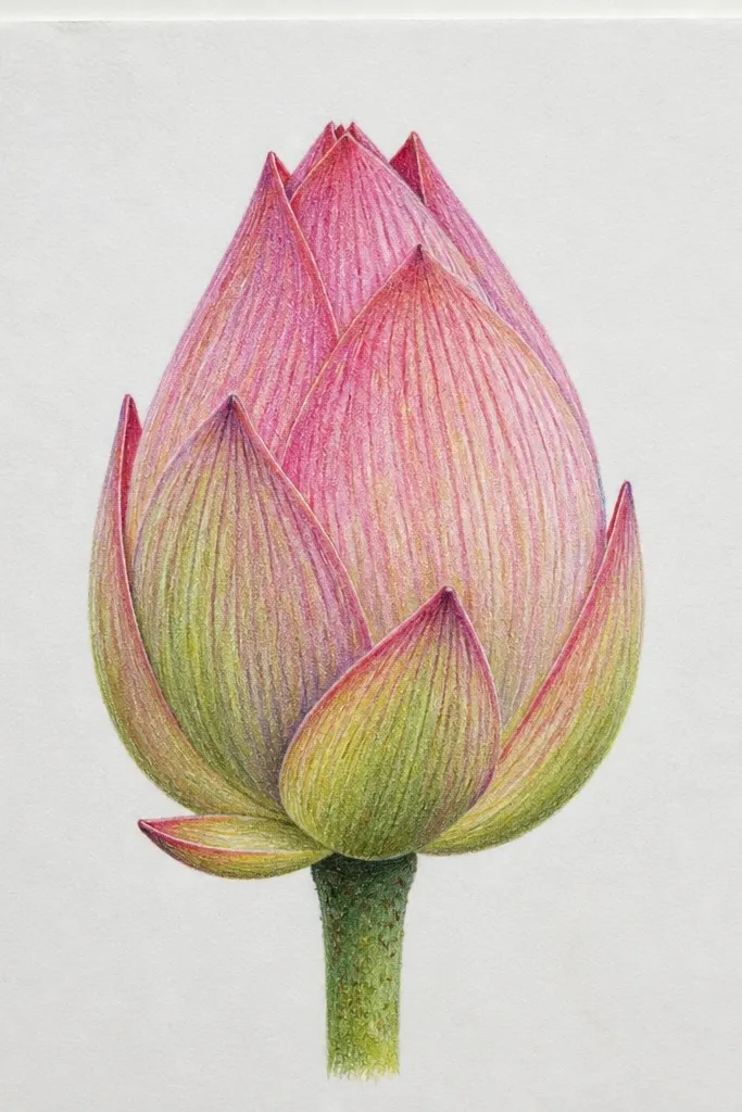 A closed lotus bud where the outer rim is drawn with thick pen lines, while the inner petal folds use thin lines. The petals are pale pink with a plum center shadow. The overall shape looks like a wrapped cup.