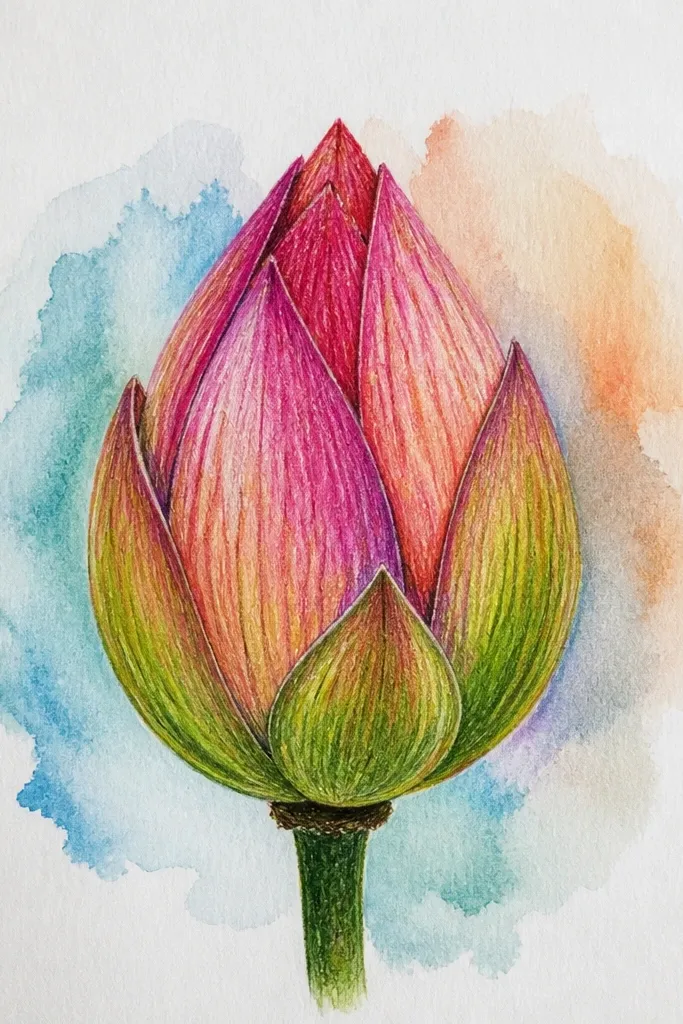 A closed lotus bud painted with watercolor. The outer petals fade from pale pink at the base to slightly deeper pink at the edges. The inner folds are darker plum, and the center has a soft, cloudy shadow.