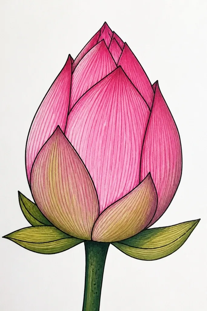 A closed lotus bud in the upper center with five petals. There is a single thin stem line and one small leaf tucked behind the bud, mostly hidden. The petals are light pink with plum fold shadows.