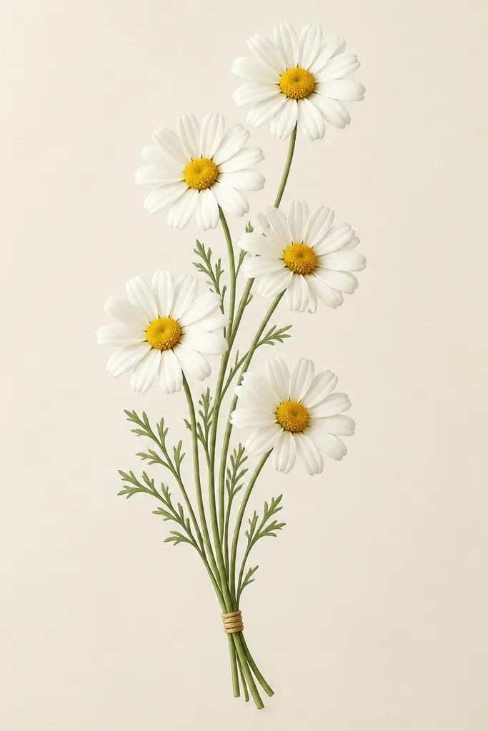 A vertical bouquet drawing. Five daisies climb upward in a gentle arc, each with a circular yellow center and six to eight white petals drawn like evenly spaced fan strokes. Thin green stems converge at the bottom into a simple wrap line.