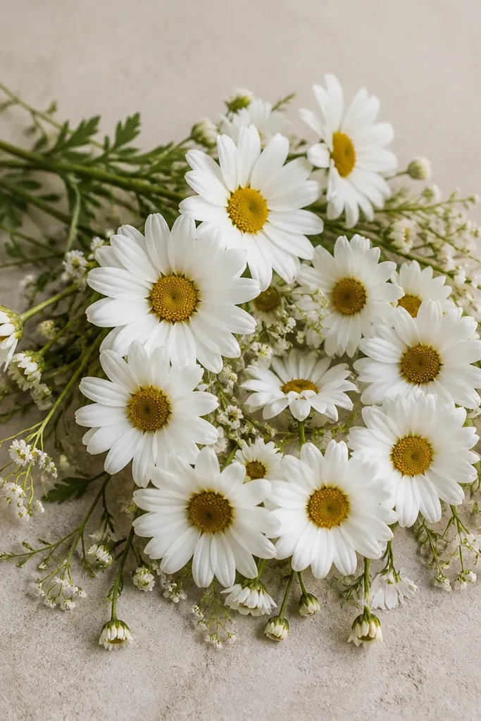 A horizontal bouquet laid like a spiral. Daisies are arranged in a loose curl, with the top layer overlapping the lower ones. Centers are drawn as small scalloped disks, and petals are thicker at the tips.