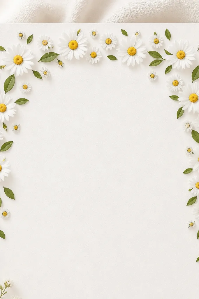 A daisy wreath border around the top and sides of a card. Small daisies and single leaves line the outer edge, leaving the center mostly blank. Petals are simple teardrop shapes around bright yellow centers.