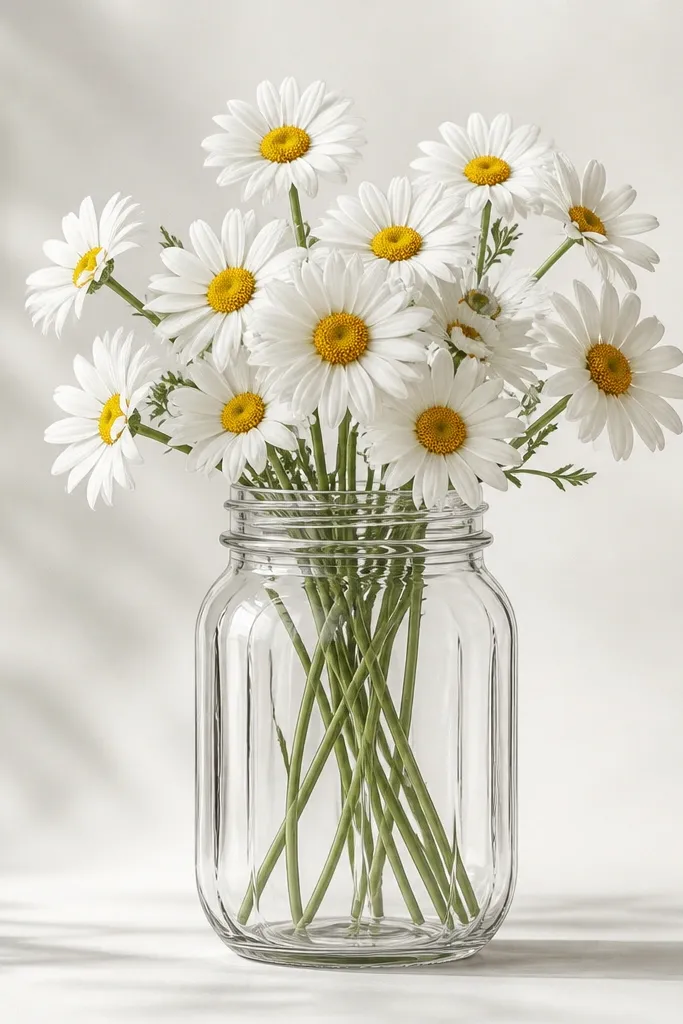 A mason jar outline centered on the page with daisies inside. The jar has simple vertical lines for glass texture, and stems bend upward inside. Daisies have bright yellow centers and white petals with soft gray shading under them.