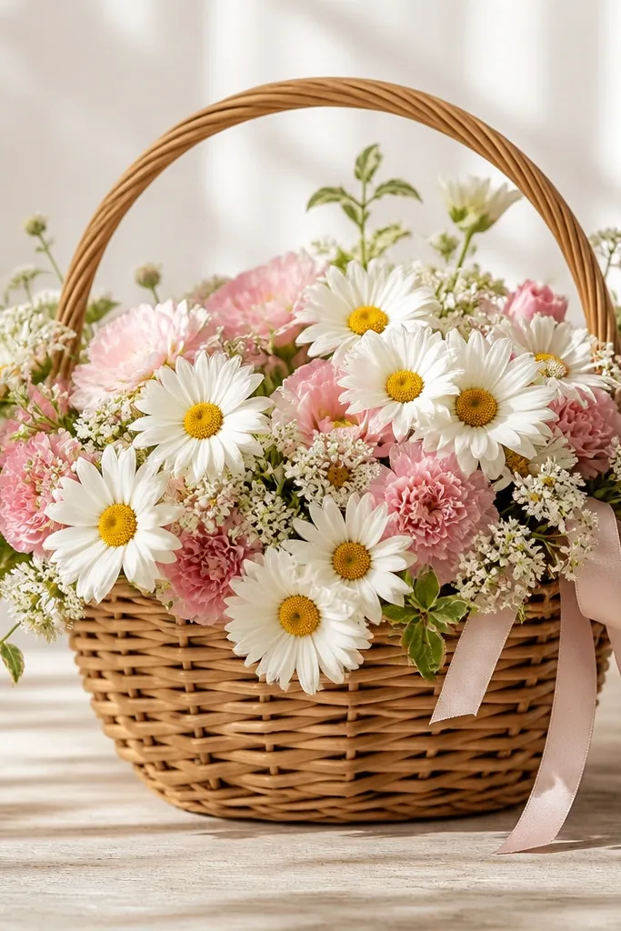 A basket handle arcs over a bouquet. Daisies spill out around the top edge, and two ribbon loops hang down. The basket is drawn with simple woven lines and a few leaf accents.