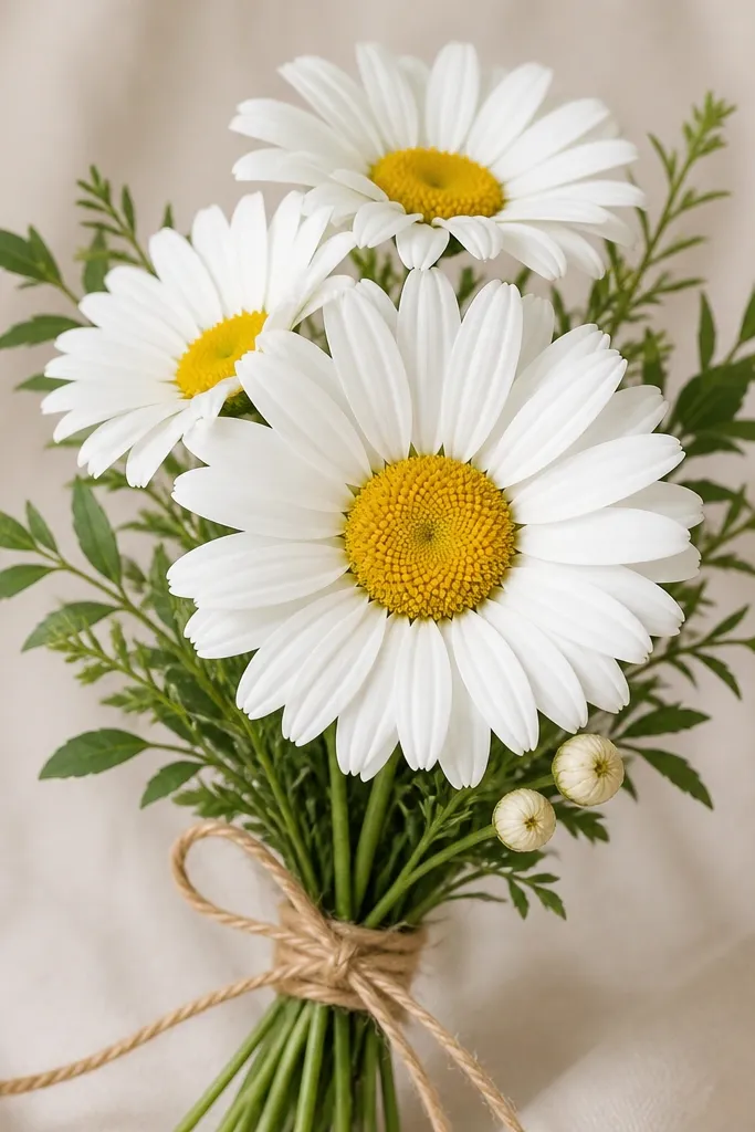 A bouquet tied with twine at the bottom. One large daisy is in front, two smaller daisies sit behind, and three tiny bud circles are near the stems. Petals are crisp and slightly jagged at the edges.