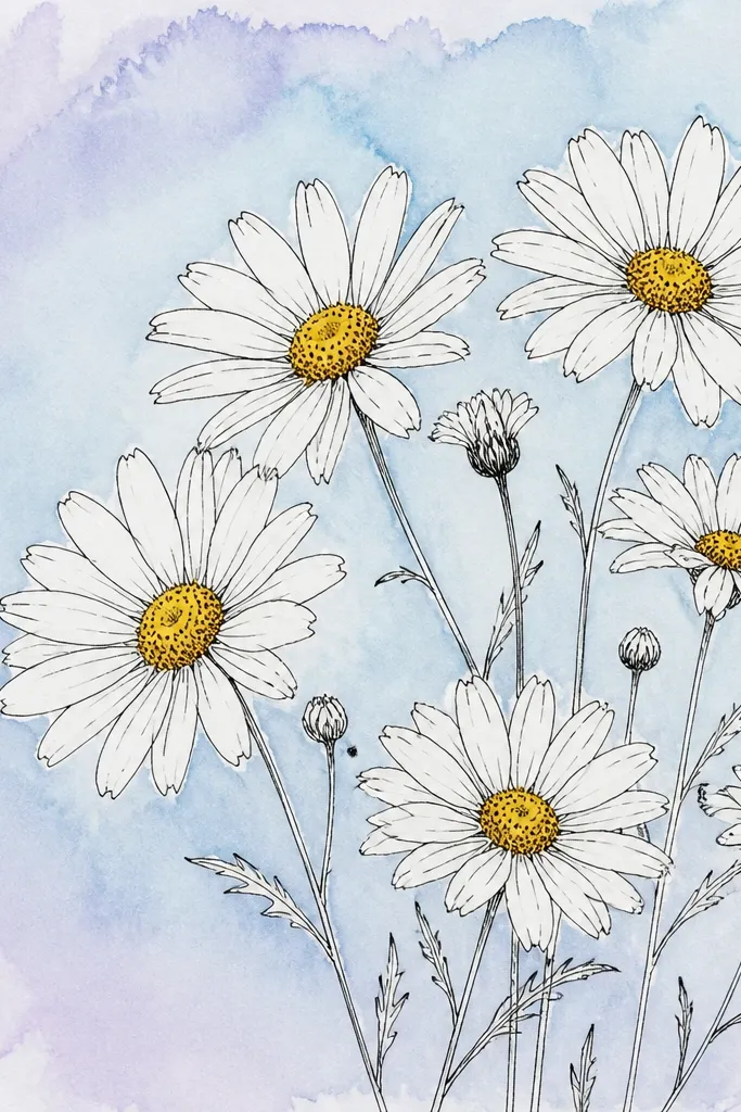 White daisies outlined in black sit on top of a soft watercolor wash. The background is a pale sky blue with a faint lavender edge, while the daisies stay mostly unpainted except for yellow centers.