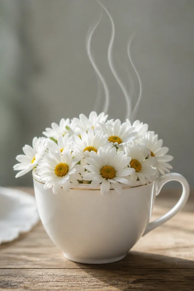 A teacup holds daisies, with three steam swirls rising above. The steam is drawn as thin curved lines, and the daisies are clustered near the cup rim. The cup has a simple handle and a small rim highlight.
