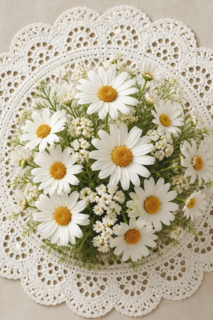 A circular doily pattern surrounds a bouquet of daisies in the center. The doily has scalloped edges and small cutout-like dots. Petals are clean and the centers have small dot textures.