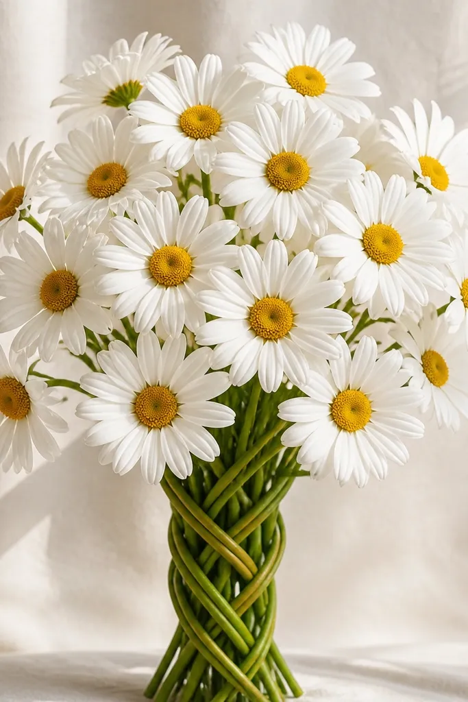 A bouquet where stems crisscross behind the daisies. The daisies overlap in front, and the stem bundle forms a braided look at the bottom. Petals are drawn with a consistent curve and slight pointy tips.