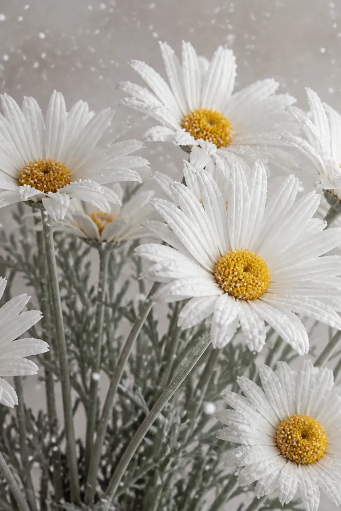 A bouquet of daisies with white speckles sprinkled across the petals and background. The centers are yellow with tiny brown dots. The stems are green-gray, and the speckles look like light snow.