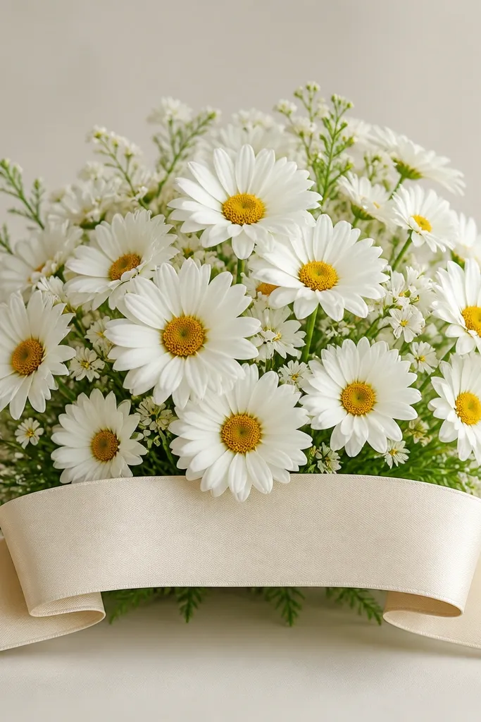 A bouquet of daisies arranged in a gentle mound. A ribbon banner cuts across the bottom with two tail ends. The ribbon has a simple folded crease line and soft shadow under it.