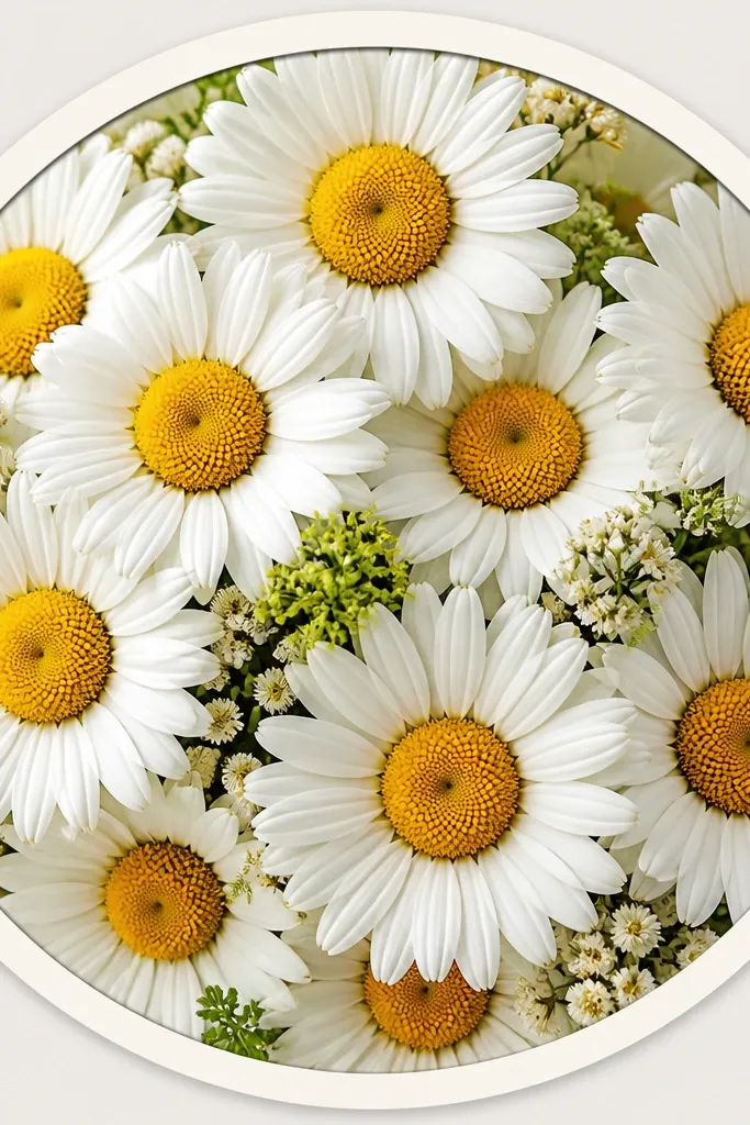 A circular sticker-style frame around a tight bouquet. Daisies are packed close to the circle edge, with a thick outer ring and thin inner petals. Centers are bright yellow with small brown dot shading.