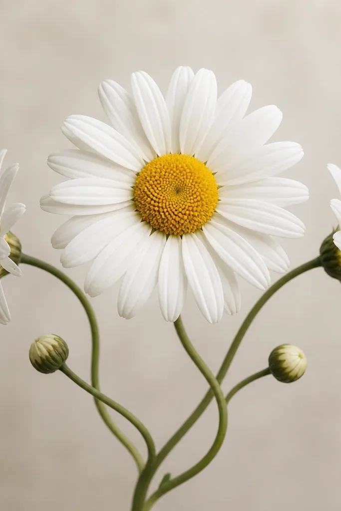 One large daisy dominates the center. Two smaller daisies sit to the left and right as partial faces, plus three side buds drawn as small circles. The stems twist into a loose S-shape.